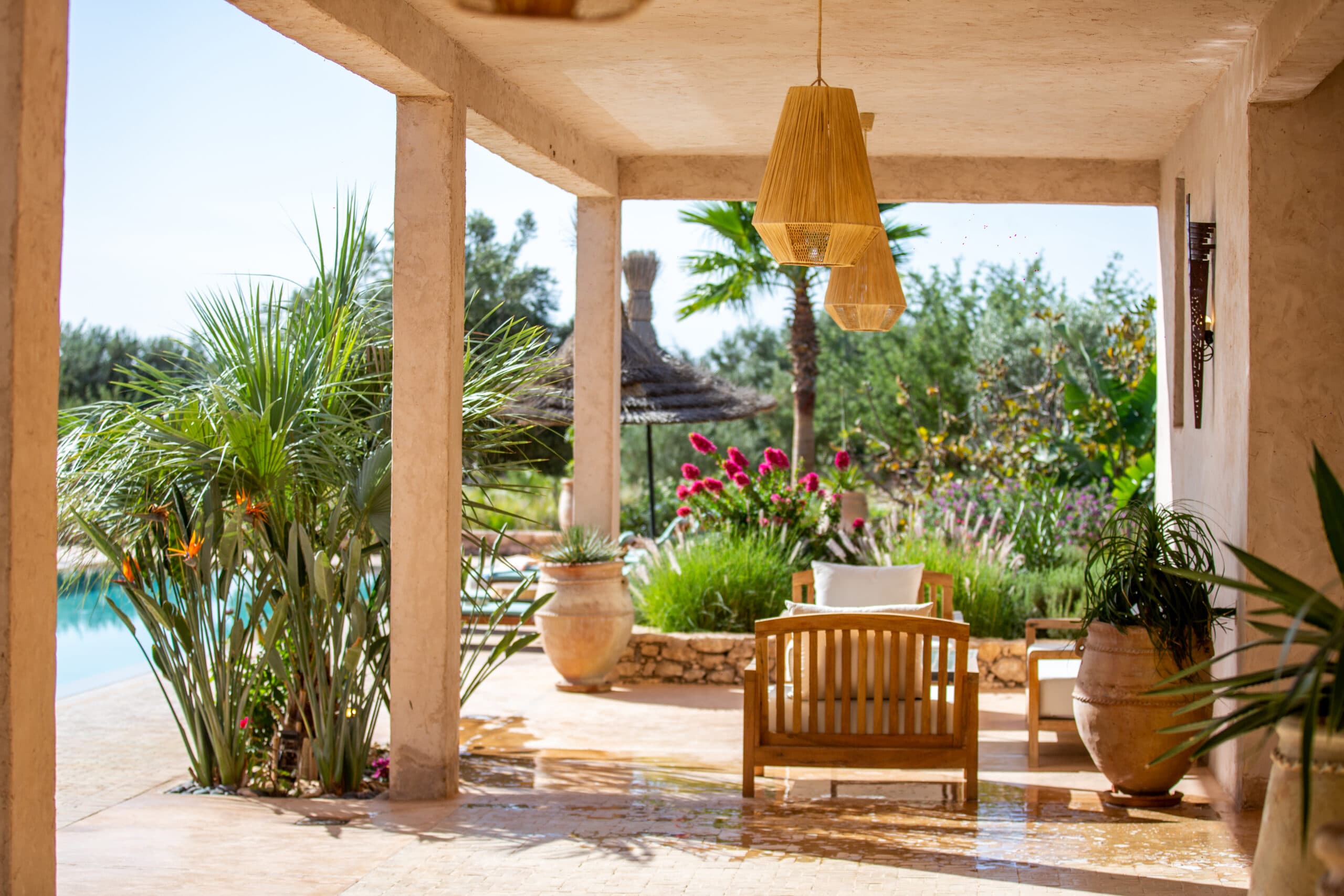 shaded outdoor seating at the villa